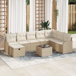 Set de Sofá de Jardín de 9 Piezas con Cojines Beige de Ratán Sintético