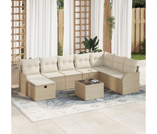 Set de Sofá de Jardín de 9 Piezas con Cojines Beige de Ratán Sintético