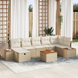 Juego de Sofás de Jardín  de 8 Piezas con Cojines Beige Ratán Sintético