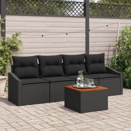 Conjunto de Sofás de Jardín de 5 Piezas con Cojines Negro de Ratan Sintético y Acacia