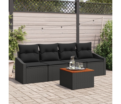 Conjunto de Sofás de Jardín de 5 Piezas con Cojines Negro de Ratan Sintético y Acacia
