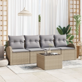 Conjunto de sofá de jardín  de 5 piezas con cojines Beige Ratán sintético