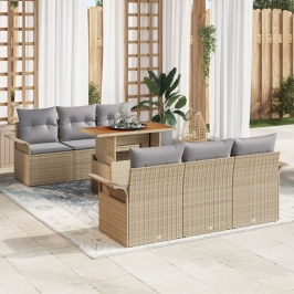 Conjunto de 7 Piezas de Sofá de Jardín con Cojines Beige Ratán Poliéster Acacia