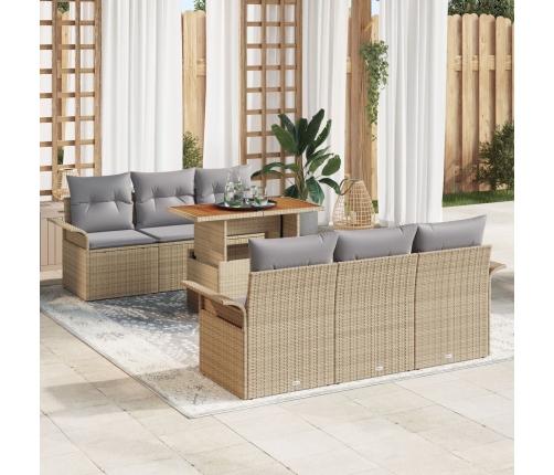 Conjunto de 7 Piezas de Sofá de Jardín con Cojines Beige Ratán Poliéster Acacia