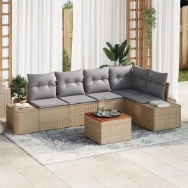 Juego de Sofás de Jardín de 6 Piezas con Cojines Beige Polirratán Acacia