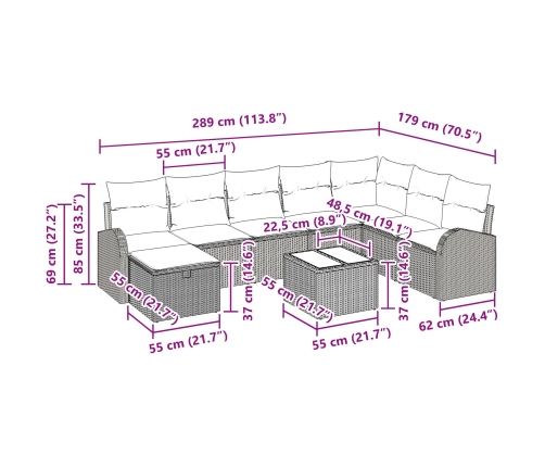 Set de Sofá de Jardín de 9 Piezas con Cojines Beige de Ratán Sintético