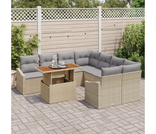 Conjunto de Comedor de Jardín de 9 Piezas con Cojines Beige de Ratán y Acacia