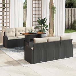Set de Comedor de Jardín de 7 Piezas con Cojines Negro Ratán Poliéster