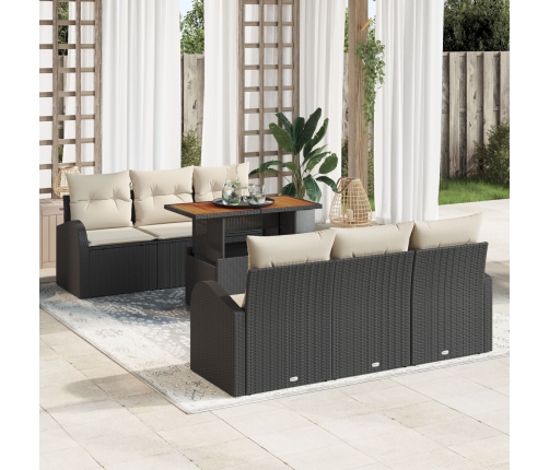 Set de Comedor de Jardín de 7 Piezas con Cojines Negro Ratán Poliéster