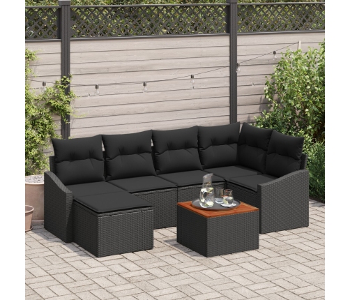 Conjunto de Sofás de Jardín de 7 Piezas con Cojines Negro Ratán Sintético Acacia