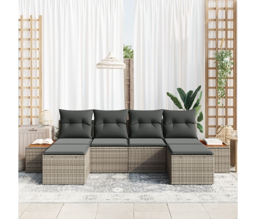Conjunto de Sofá de Jardín de 6 Piezas con Cojines Gris Ratán Poliéster Acacia