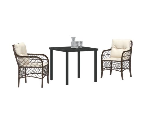 Conjunto de comedor de jardín  de 3 piezas con cojines de rattan polivinílico marrón