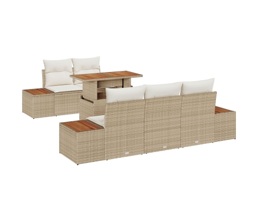 Set de Comedor de Jardín de 6 Piezas con Cojines Beige Poly Ratán Acacia