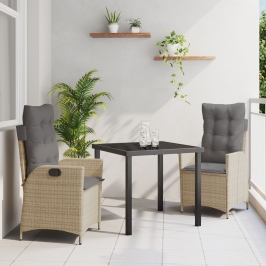 Juego de Comedor de Jardín de 3 Piezas con Cojines Beige Poliratán