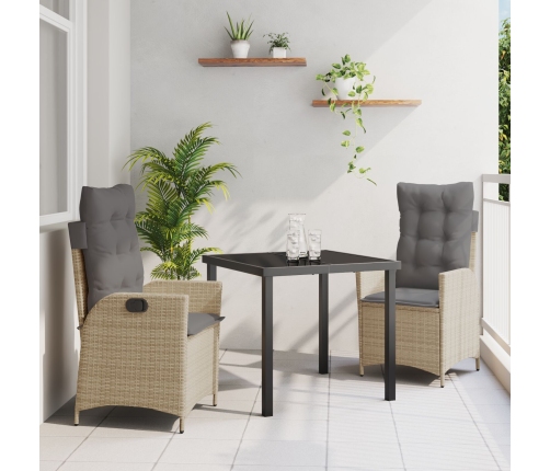 Juego de Comedor de Jardín de 3 Piezas con Cojines Beige Poliratán