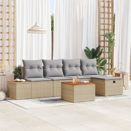 Conjunto de Sofás de Jardín de 6 Piezas con Cojines Beige de Poliratán
