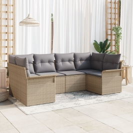 Conjunto de Sofás de Jardín  de 6 Piezas con Cojines Beige Ratán Polipropileno