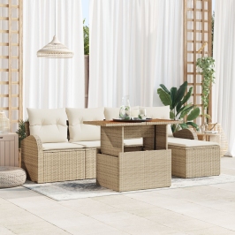Conjunto de Comedor de Jardín de 6 Piezas con Cojines Beige de Poliratán y Acacia