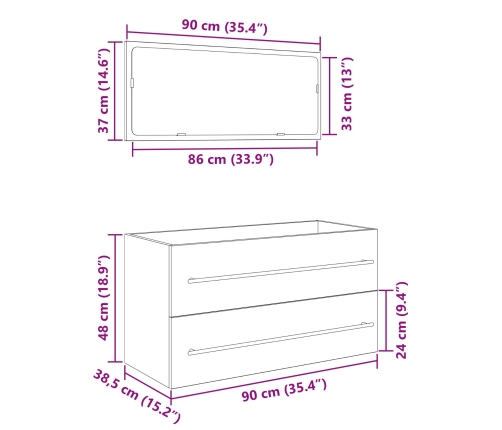 Mueble de lavabo con espejo de roble negro 90x45x1,5 cm de madera elaborada