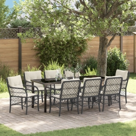 Conjunto de Comedor de Jardín de 9 Piezas  con Cojines Negro Poliratán