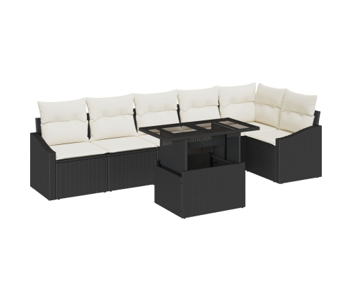 Conjunto de Sofá de Jardín  7 Piezas Negro y Crema Ratán y Poliéster