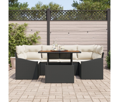 Juego de Comedor de Jardín de 7 Piezas con Cojines Negro Poliratán Acacia