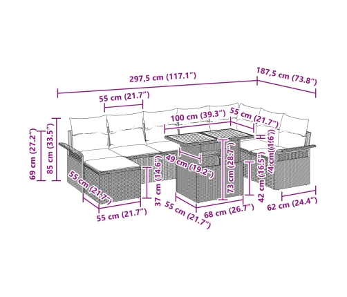 Conjunto de Comedor Jardín de 9 Piezas con Cojines Beige Ratán Poliéster Acacia