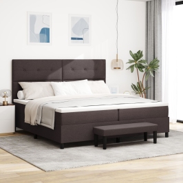 Cama con Box Spring  con Colchón y Banco Marrón Oscuro 200x200 cm Tela