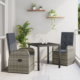 Set de Comedor de Jardín de 3 Piezas con Cojines - Poliratán Gris