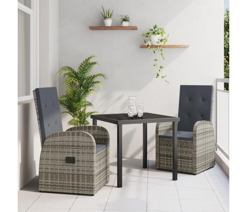 Set de Comedor de Jardín de 3 Piezas con Cojines - Poliratán Gris