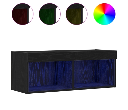 Mueble de TV de pared con luces LED Roble negro 80x30x30 cm
