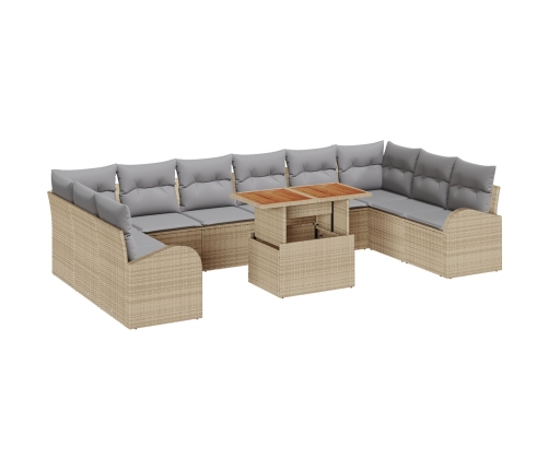 Juego de comedor de jardín de 11 piezas con cojines Beige Ratán Poliéster Acacia