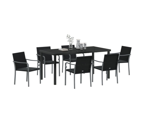 Juego de comedor de jardín de 7 piezas con cojines de poliratán negro