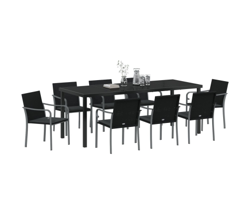 Set de Comedor para Jardín de 9 Piezas con Cojines de Ratan de Poliéster Negro