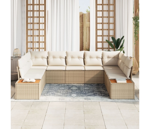 Conjunto de Sofá de Jardín de 9 Piezas con Cojines Beige de Ratán Poliéster Acacia