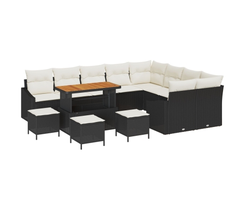 Conjunto de Sofás de Jardín de 13 Piezas con Cojines Negro Poliratán Acacia, Conjunto de Comedor de Jardín de 4 Piezas con Cojines Negro Poliratán Acacia, Sofá de Jardín de 2 Plazas con Cojines Negro Poliratán