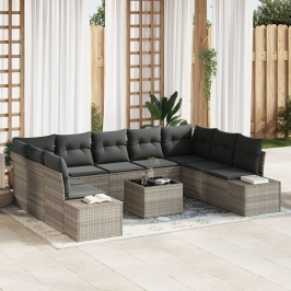 Conjunto de Sofás de Jardín de 10 Piezas con Cojines de Ratán Gris