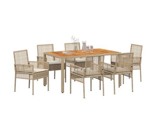 Conjunto de Comedor de Jardín  de 7 Piezas con Cojines Beige de Ratán Polipropileno