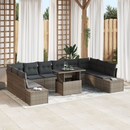 Juego de Sofá de Jardín  11 Piezas Gris Rattan, Cojines de Poliéster
