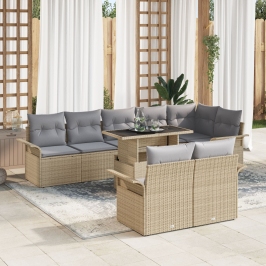 Juego de Sofás de Jardín de 9 Piezas con Cojines Beige de Ratán