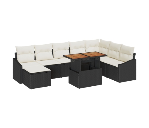 Conjunto de Comedor de Jardín de 9 Piezas con Cojines Negros de Ratán Poliéster y Acacia