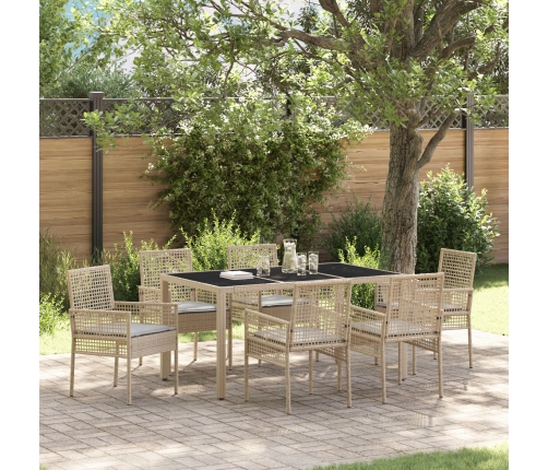 Conjunto de Comedor de Jardín de 7 Piezas con Cojines Beige de Poliratán