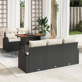 Conjunto de Comedor de Jardín  de 6 Piezas con Cojines Negro de Ratán de Polietileno Acacia