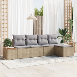 Juego de Sofá de Jardín de 5 Piezas con Cojines Beige de Poliratán Acacia