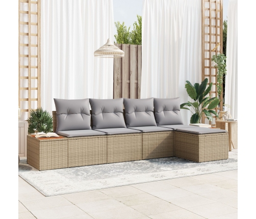 Juego de Sofá de Jardín de 5 Piezas con Cojines Beige de Poliratán Acacia
