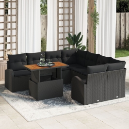 Juego de Comedor de Jardín de 9 Piezas con Cojines Ratán Poliratán Negro Acacia