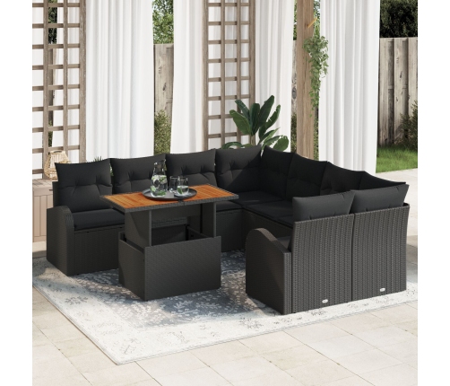 Juego de Comedor de Jardín de 9 Piezas con Cojines Ratán Poliratán Negro Acacia