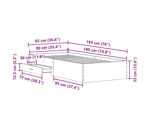 Estructura de Cama  Artisan Roble 90x190 cm Madera Elaborada