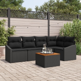 Conjunto de Sofá de Jardín de 6 Piezas con Cojines Negro Poliratán Acacia