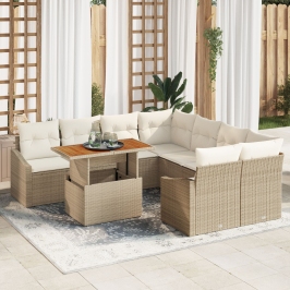 Juego de Comedor de Jardín de 9 piezas con Cojines Beige de Ratán Poliéster Acacia